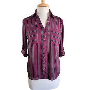 IZ Byer Womens XS Plum Purple Black Striped Roll Tab Sleeve Button Up Blouse